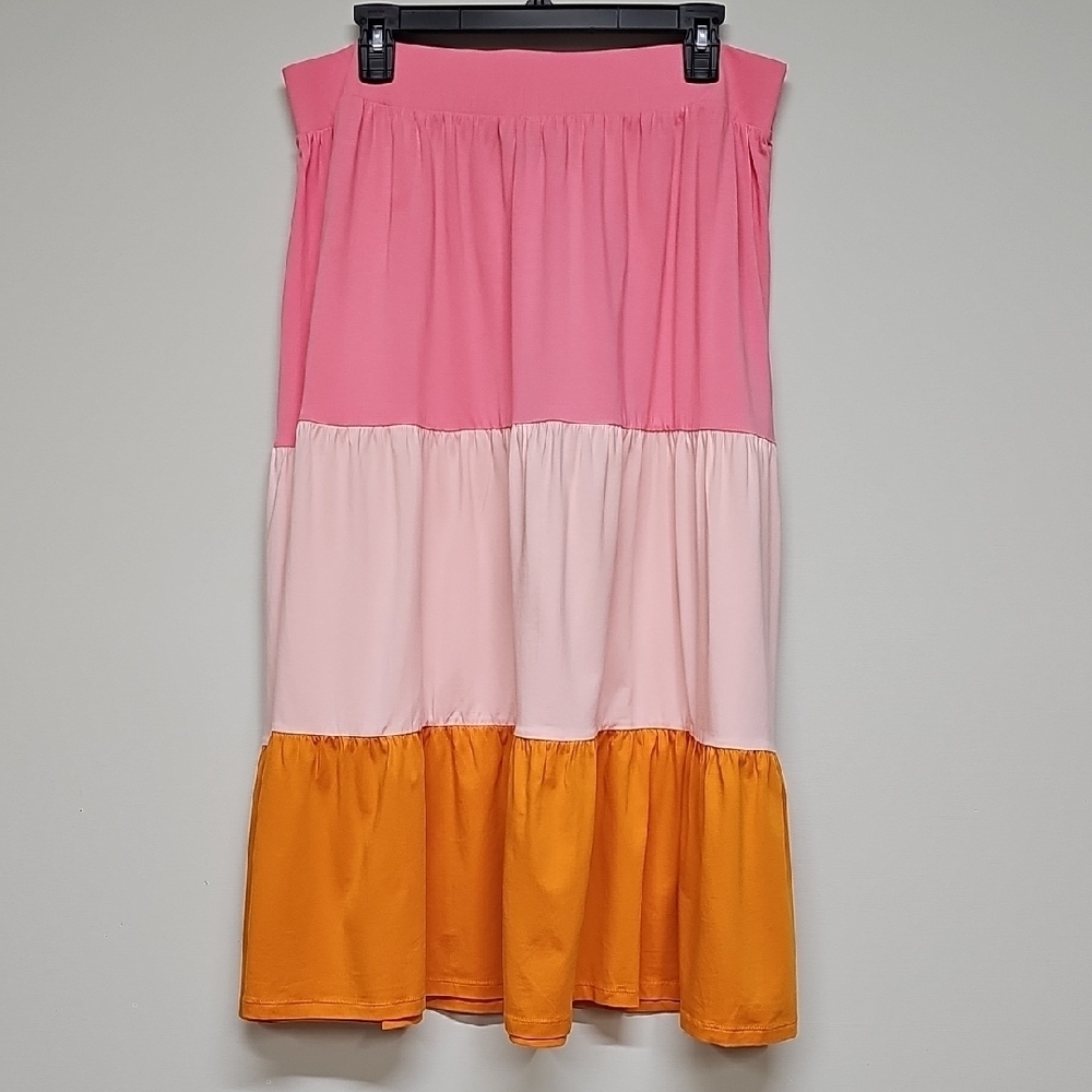 Lands End Color Block Tiered Skirt, NWOT, 1x, Orange Pink, Stretch